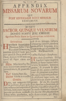 Appendix Missarum Novarum Quæ Post Editionem Novi Missalis Emanarunt